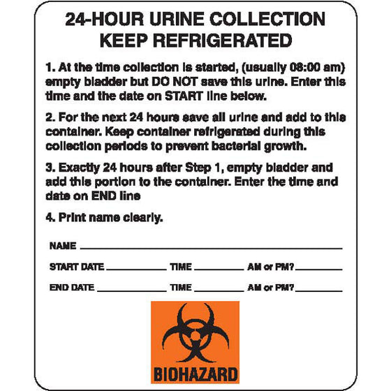 Urine Collection Label - "24-HOUR URINE COLLECTION KEEP REFRIGERATED"