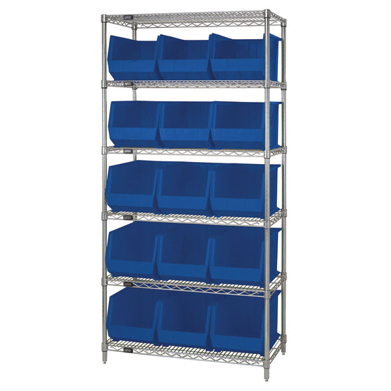 WR6-260 Wire Shelving System with 15 Bins - Blue