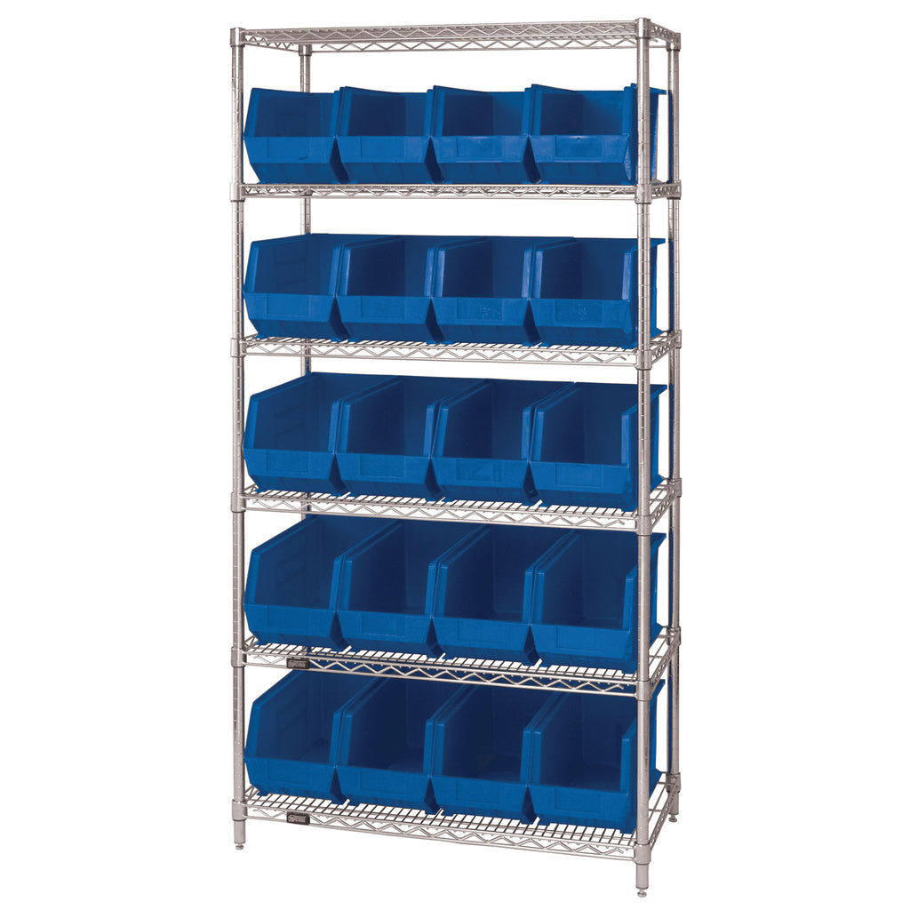 WR6-265 Wire Shelving System with 20 Bins - Blue