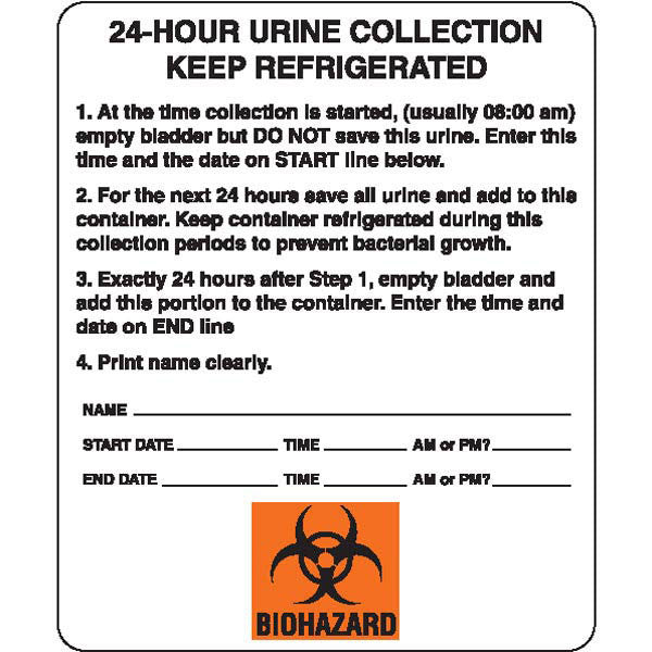 Urine Collection Label - "24-HOUR URINE COLLECTION KEEP REFRIGERATED"