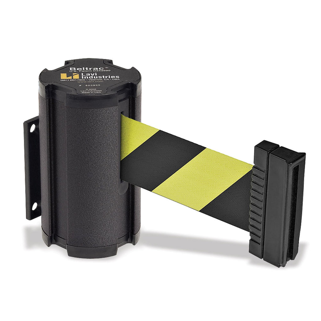 7' Wall-Mounted Safety Barrier Black Finish with Belt - Black & Yellow Belt